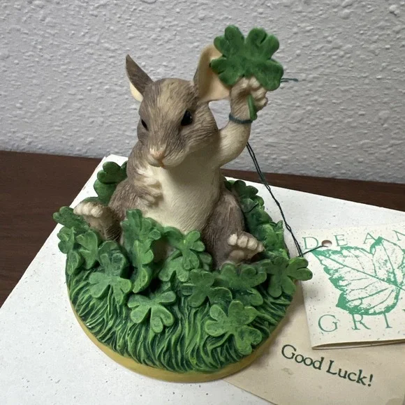 Charming Tails Fitz & Floyd "Good Luck" Mouse‎ 4 Leaf Clover Shamrocks Figurine - Picture 3 of 14
